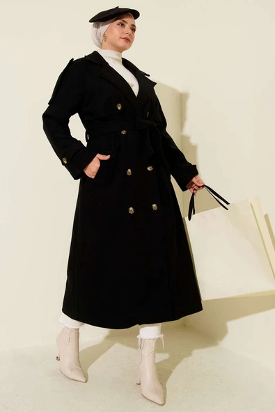 Omuz Apoletli Düğme Detaylı Kaşe Kaban Siyah ürün görseli 1