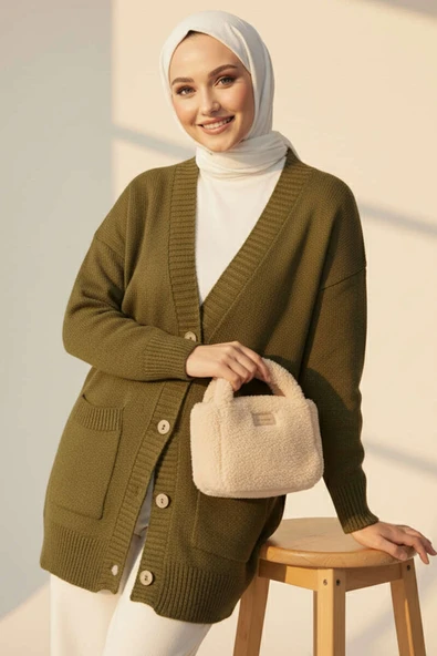 Çift Cepli Düğmeli Triko Hırka Haki ürün görseli