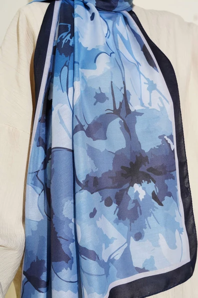 Ebruli Çiçek Desen Soft Şal İndigo - Resim 4