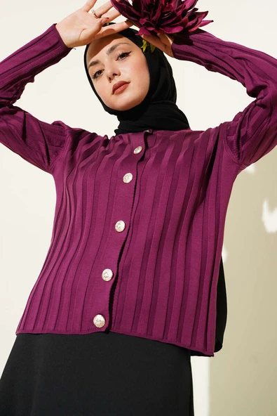 Fitilli Düğmeli Triko Hırka Mürdüm ürün görseli