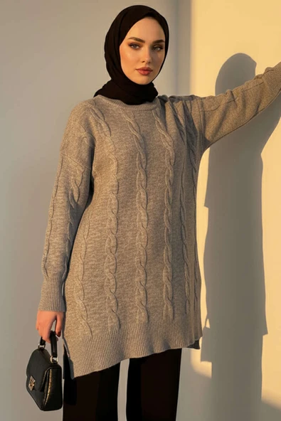 Örgü Kabartmalı Yumoş Triko Tunik Gri - Resim 2
