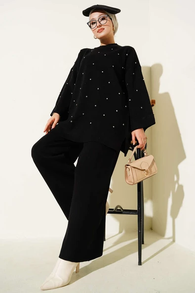 Taşlı Baklava Desen Triko İkili Takım Siyah ürün görseli 1