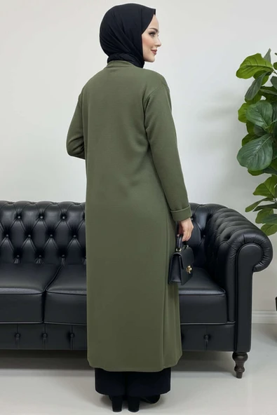 Basic Çift Cepli Uzun Triko Hırka Haki - Resim 3