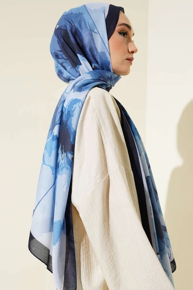 Ebruli Çiçek Desen Soft Şal İndigo - Resim 3