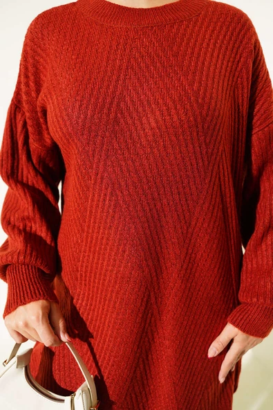 Asimetrik Kabartma Çizgili Triko Tunik Kiremit - Resim 4