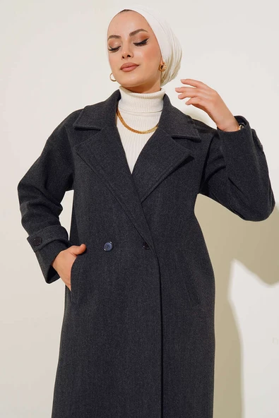 Kruvaze Yaka Uzun Kaşe Kaban Antrasit - Resim 2