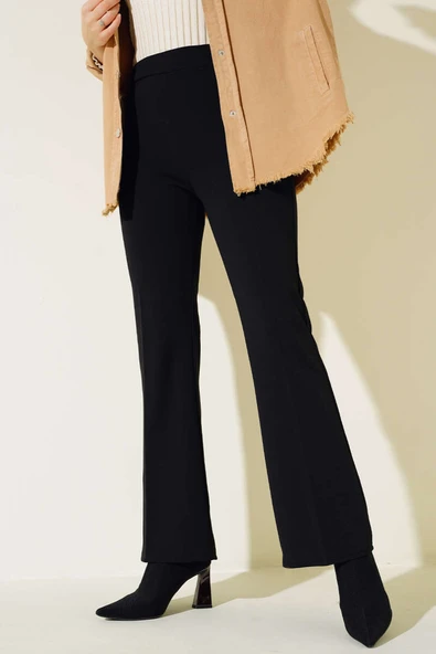 İspanyol Paça Bel Lastikli Dabıl Pantolon Siyah ürün görseli 1