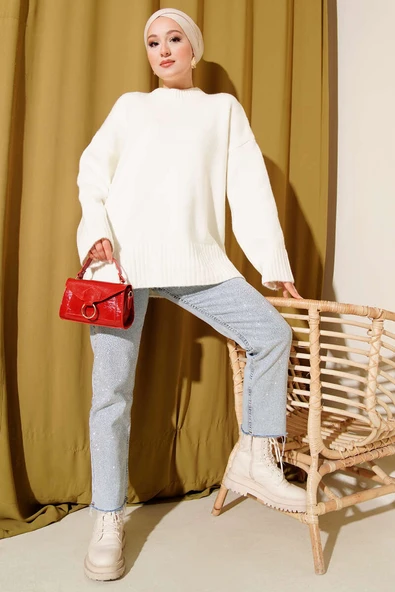 Basic Oversize Triko Tunik Ekru - Resim 2