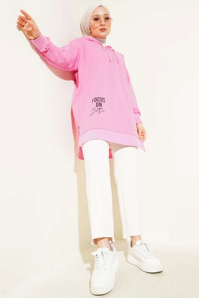 Kapüşonlu Yarım Fermuarlı Baskılı Tunik Pembe - Resim 2