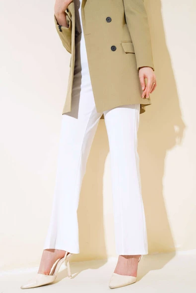 İspanyol Paça Bel Lastikli Dabıl Pantolon Beyaz - Resim 2