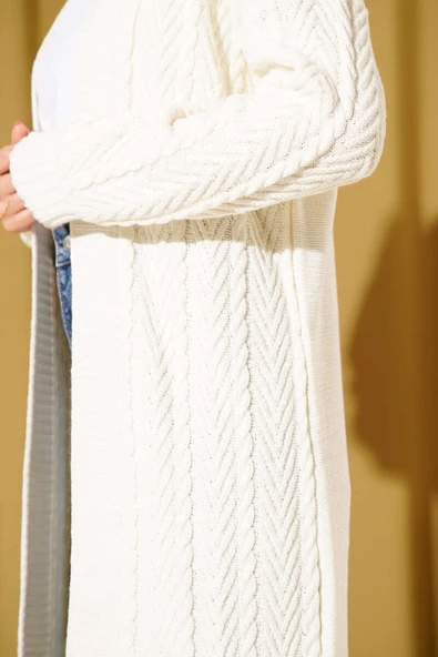 Örgü Büzgülü Uzun Triko Hırka Ekru - Resim 4