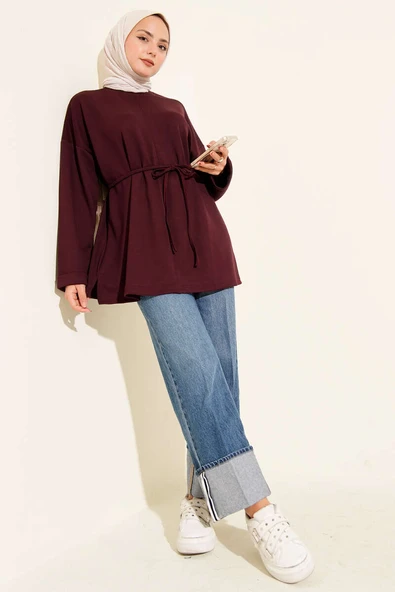 Bisiklet Yaka İp Kuşaklı Tunik Bordo - Resim 2