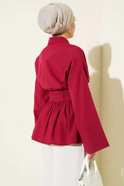Gizli Düğmeli Bel Kuşaklı Gömlek Bordo - Resim 3
