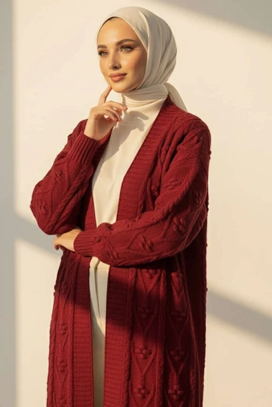 Örgü Kabartma Desenli Uzun Triko Hırka Bordo ürün görseli