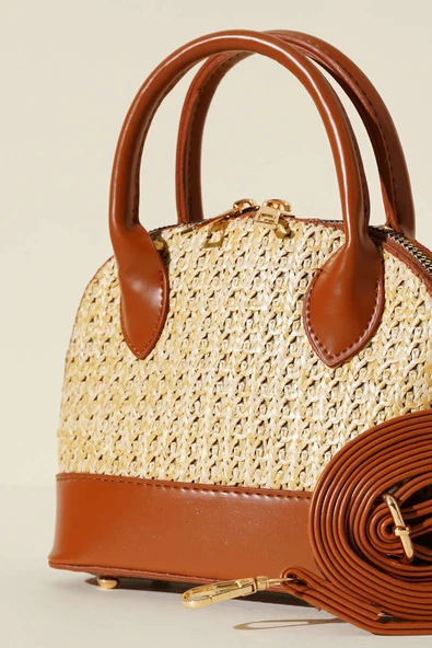 Hasır Detaylı Mini Çanta Taba - Resim 3