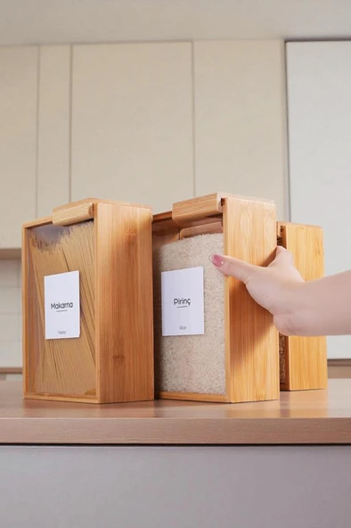 Digithome Bambu 3'lü Saklama Kutusu Etiketli Dikdörtgen Bakliyat Saklama Kabı Gıda Organizeri-MG-002 - Resim 3