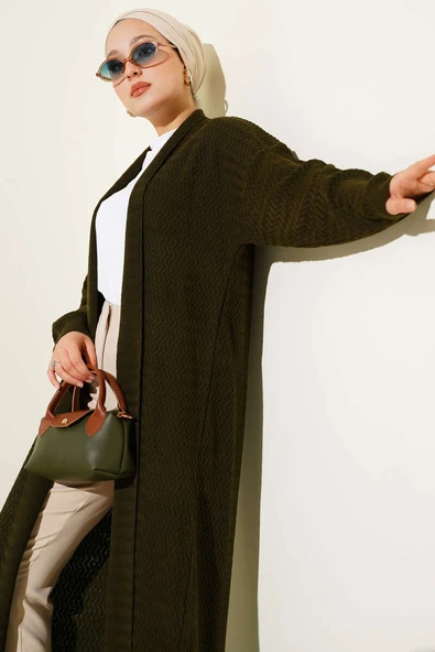 Zikzak Desenli Uzun Triko Hırka Haki - Resim 2