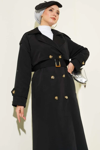 Kruvaze Pelerinli Kuşaklı Trençkot Siyah - Resim 2