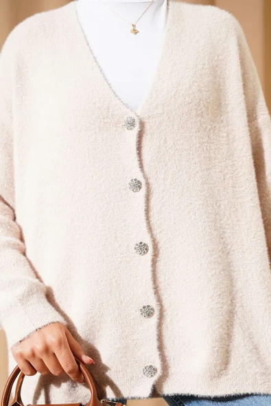 Sakallı Düğmeli Hırka Bej - Resim 4