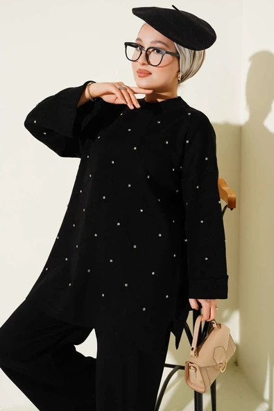 Taşlı Baklava Desen Triko İkili Takım Siyah - Resim 2