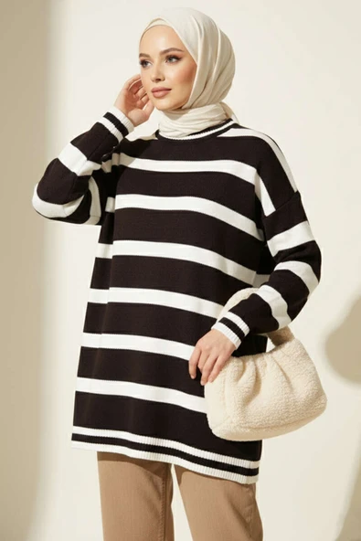 Yatay Çizgi Detaylı Triko Tunik Kahve ürün görseli