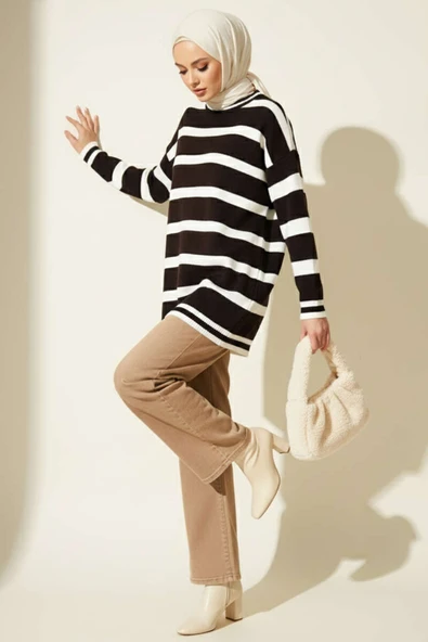 Yatay Çizgi Detaylı Triko Tunik Kahve - Resim 2