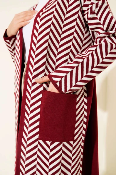 Zikzak Çizgili Desenli Uzun Triko Hırka Bordo - Resim 4