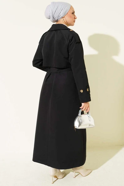 Kruvaze Pelerinli Kuşaklı Trençkot Siyah - Resim 3
