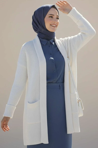 Şal Yaka Pirinç Örgü Triko Hırka Ekru ürün görseli