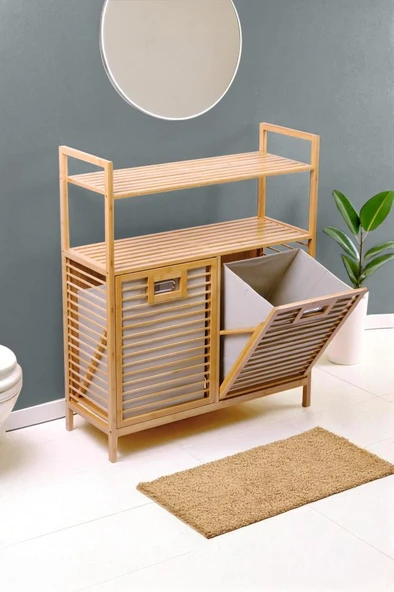 Digithome Bambu 2'li Kirli Sepetli 2 Raflı Çok Amaçlı Banyo Düzenleyici Çamaşır Sepeti DB-0040 ürün görseli