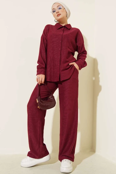 İnce Fitilli Cepli Gömlek İkili Takım Bordo ürün görseli 1