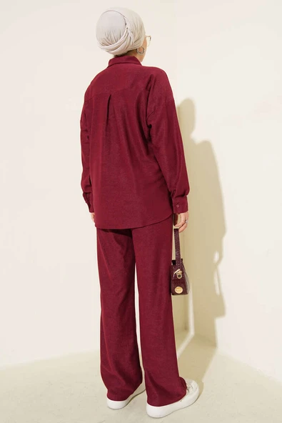 İnce Fitilli Cepli Gömlek İkili Takım Bordo - Resim 3