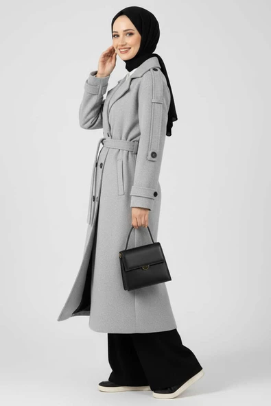 Kuşaklı Düğme Detaylı Kaşe Kaban Gri - Resim 2