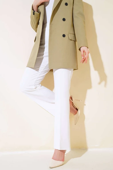 İspanyol Paça Bel Lastikli Dabıl Pantolon Beyaz ürün görseli 1