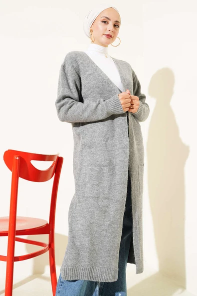 Cepli Uzun Triko Hırka Gri - Resim 2