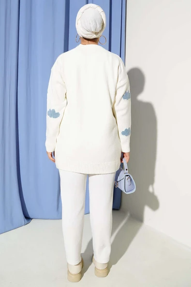Bulut Desenli Düğmeli Triko Hırka Ekru - Resim 3