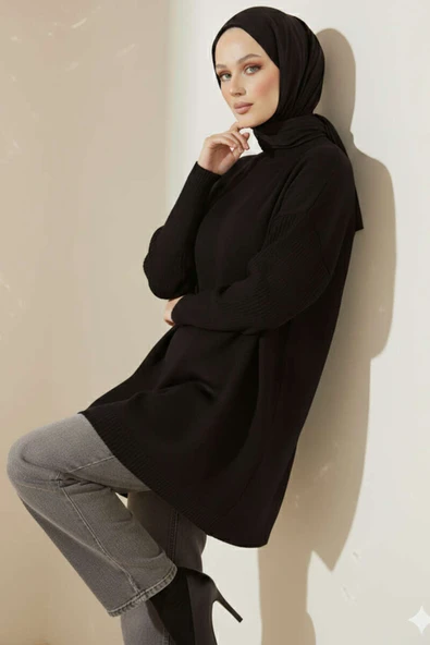 Düşük Kol Detaylı Triko Tunik Siyah - Resim 2