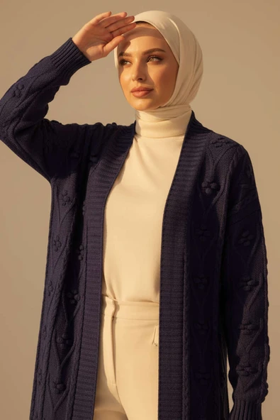 Örgü Kabartma Desenli Uzun Triko Hırka Lacivert - Resim 2