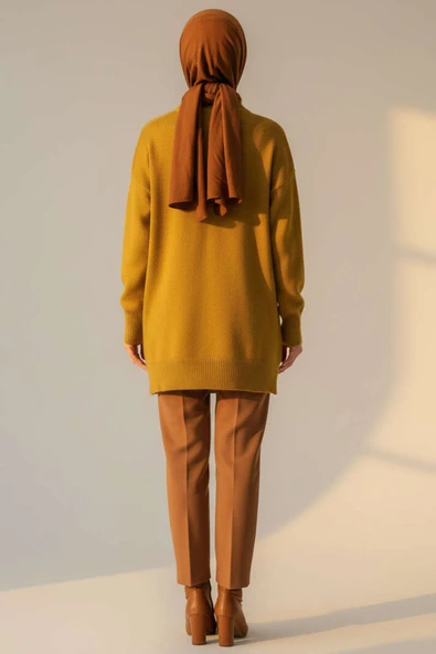 Yan Yırtmaçlı Yumoş Uzun Triko Tunik Yağ Yeşili - Resim 3