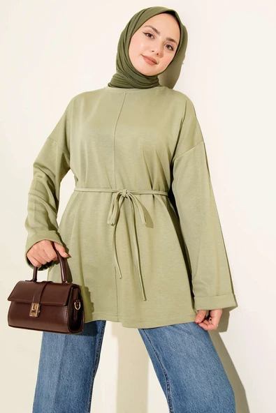 Bisiklet Yaka İp Kuşaklı Tunik Haki ürün görseli 1