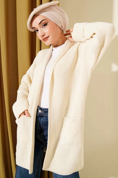 Şal Yaka Pirinç Örgü Triko Hırka Bej ürün görseli 1