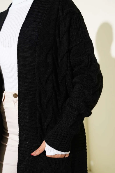 Cepli Örgü Desenli Uzun Hırka Siyah - Resim 4