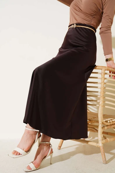 Bel Lastikli Saten Kloş Etek Acı kahve ürün görseli 1