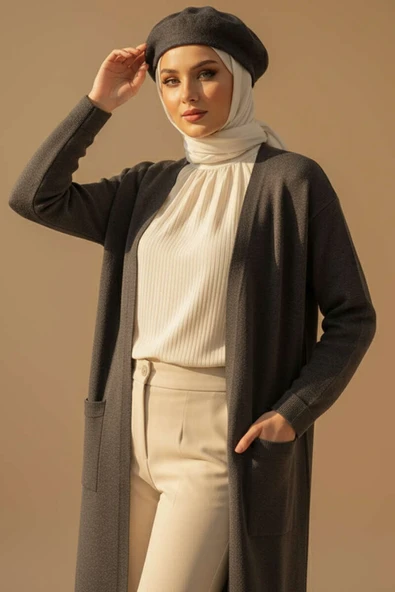 Basic Çift Cepli Uzun Triko Hırka Füme - Resim 2