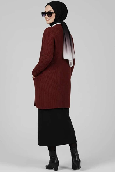 Şal Yaka Pirinç Örgü Triko Hırka Bordo - Resim 3