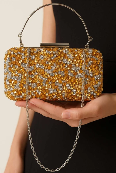 Dikdörtgen Taşlı Kulplu Abiye Çanta Sarı ürün görseli 1