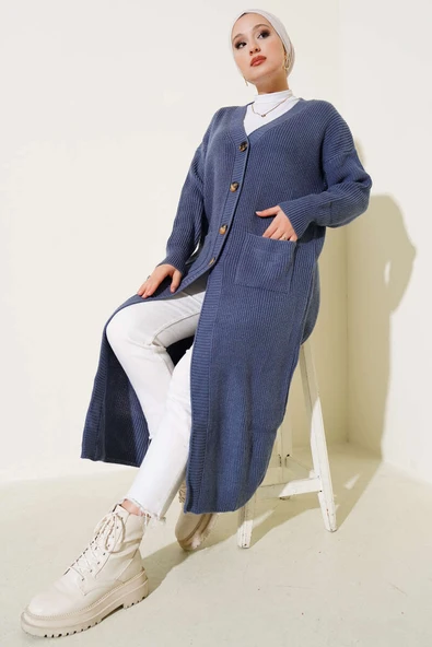 Düğmeli Cepli Uzun Triko Hırka İndigo - Resim 2