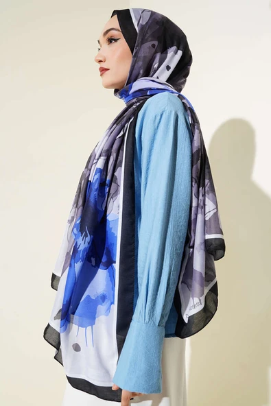 Ebruli Çiçek Desen Soft Şal Mavi Siyah - Resim 3