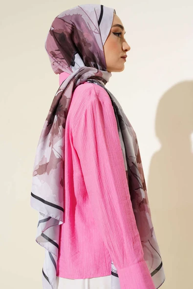 Ebruli Çiçek Desen Soft Şal Gri - Resim 3