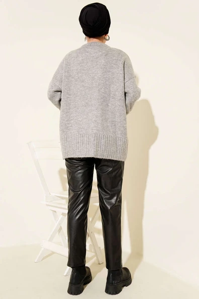 Basic Oversize Triko Tunik Gri - Resim 3